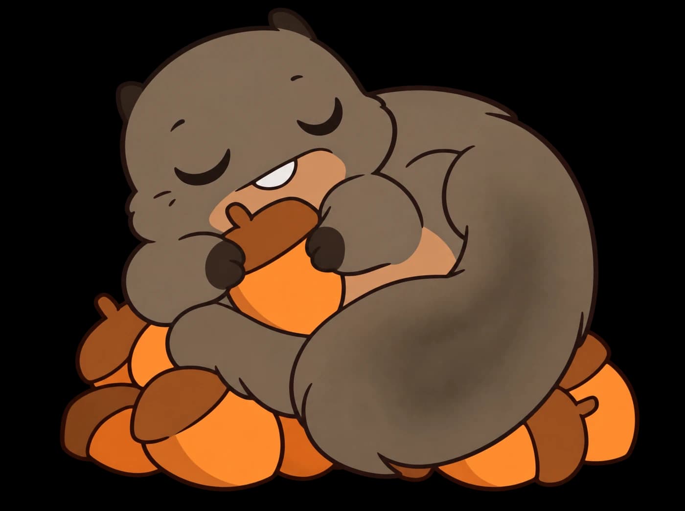 BabyNuts asleep on a pile of acorns